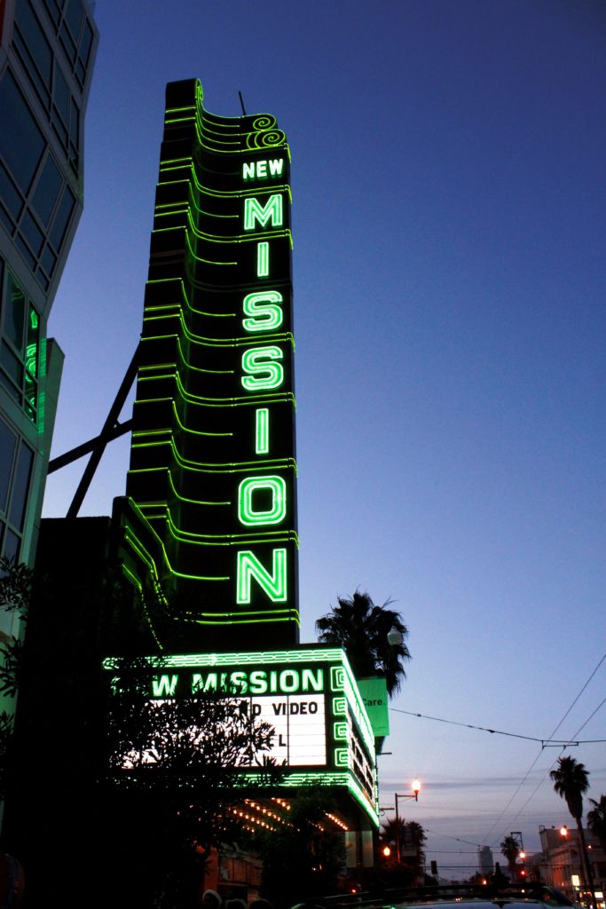 shot of the new new mission marquee as the sunsets