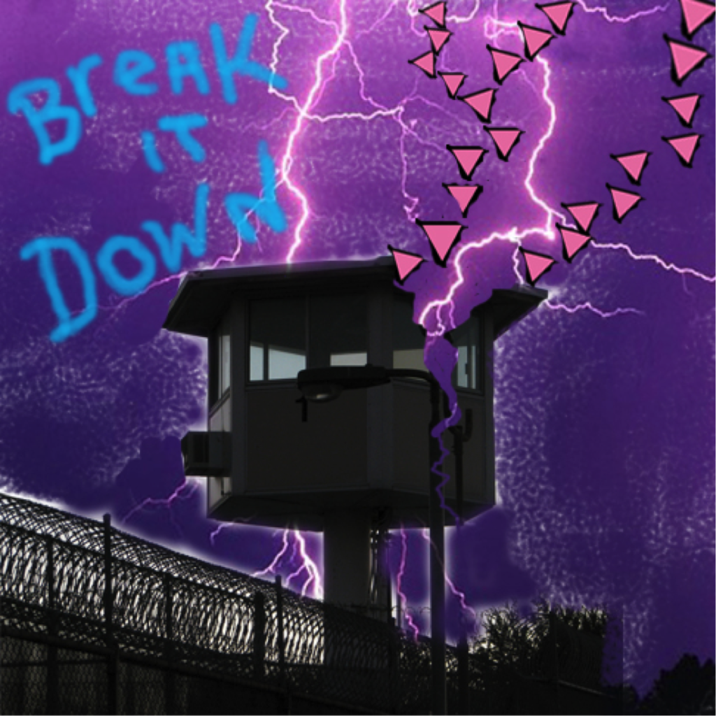 collage image of prison guard tower getting struck by lightning and pink triangles coming out with the words "break it down"
