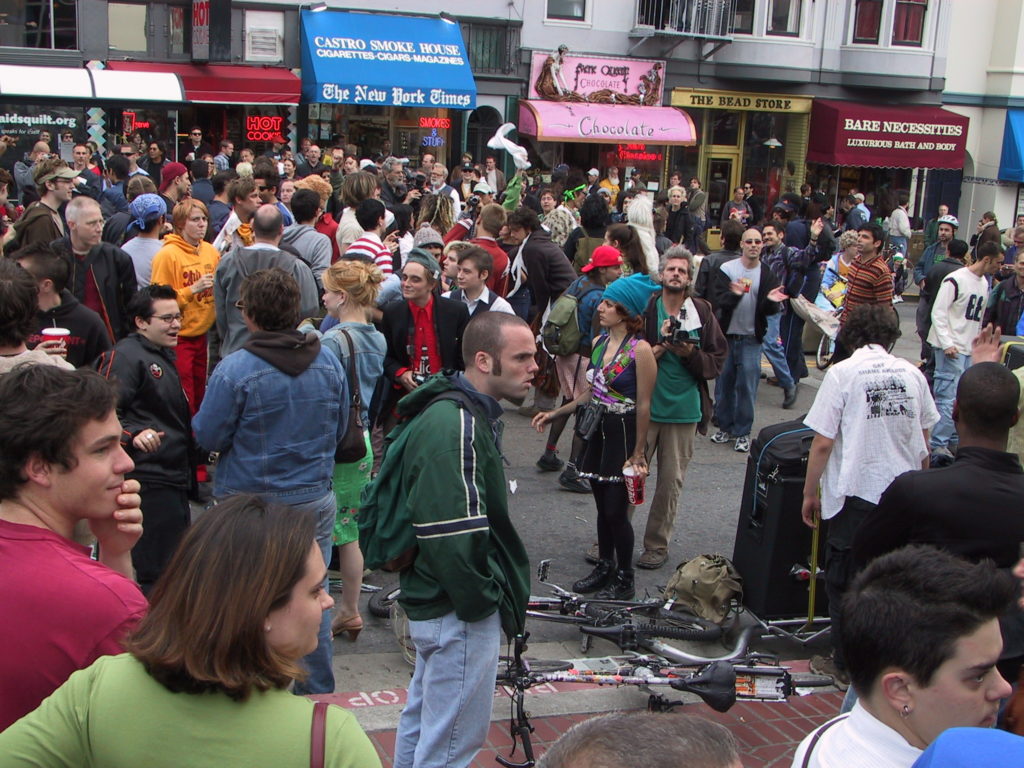 crowd fills the street at castro and market after the awards ceremony
