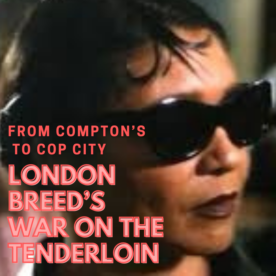 Pic of San Francisco Mayor London Breed appearing as an extra in the film The Matrix 4. Overlaid with text reading "From Compton's to Cop City: London Breed's War on the Tenderloin"