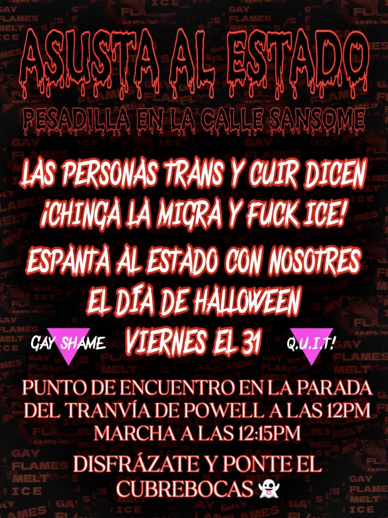 un folleto negro y rojo con letras de sangre encima de un montón de stickers diciendo "gay flames melt ICE" letras abajo