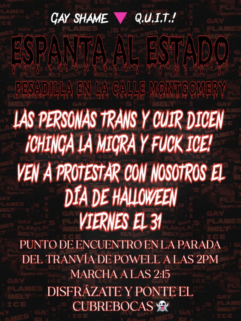un folleto negro y rojo con letras de sangre encima de un montón de stickers diciendo "gay flames melt ICE"