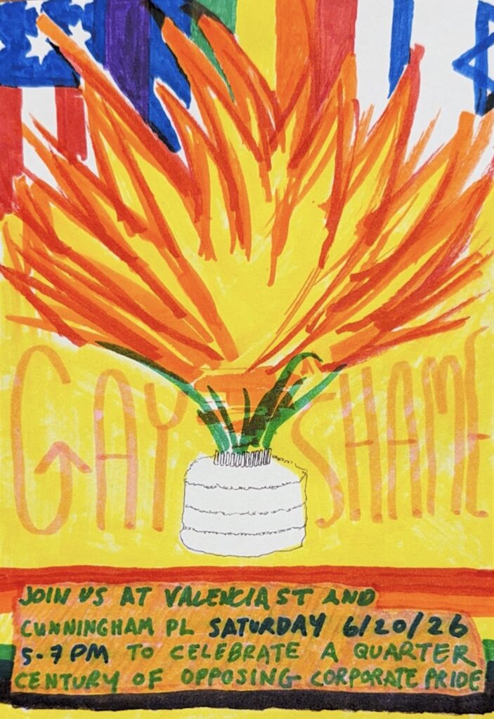 a tight collection of candles on a cake collectively set fire to a usian flag, a rainbow pride flag, and an israeli flag